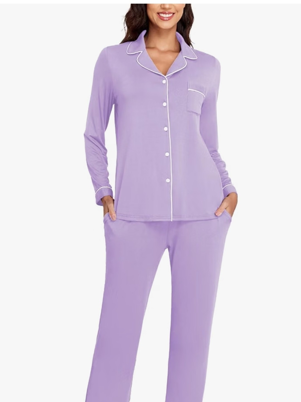 Soft Lavender Long-Sleeve Pajama Set with Contrast Piping